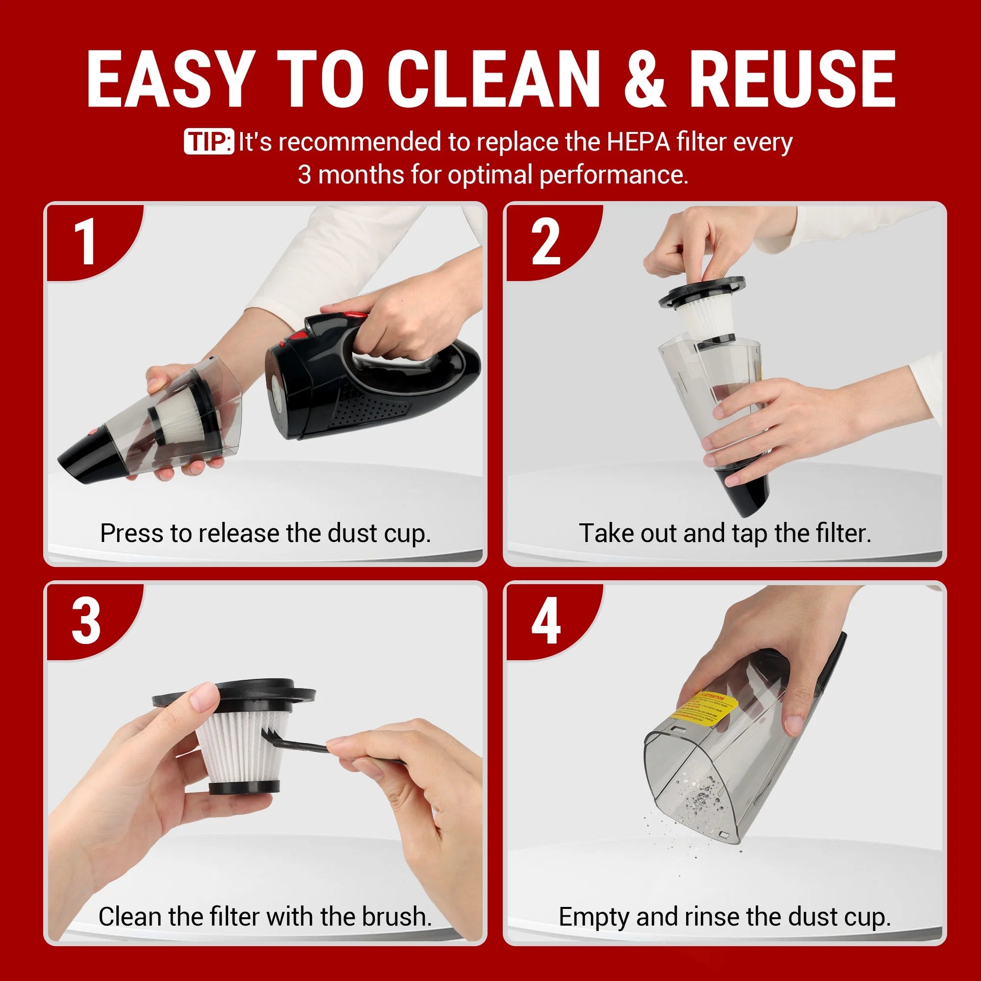 Handheld Vacuum, Car Vacuum Cleaner Cordless, Mini Portable Rechargeable Vacuum Cleaner with 2 Filters, Red (VL188)