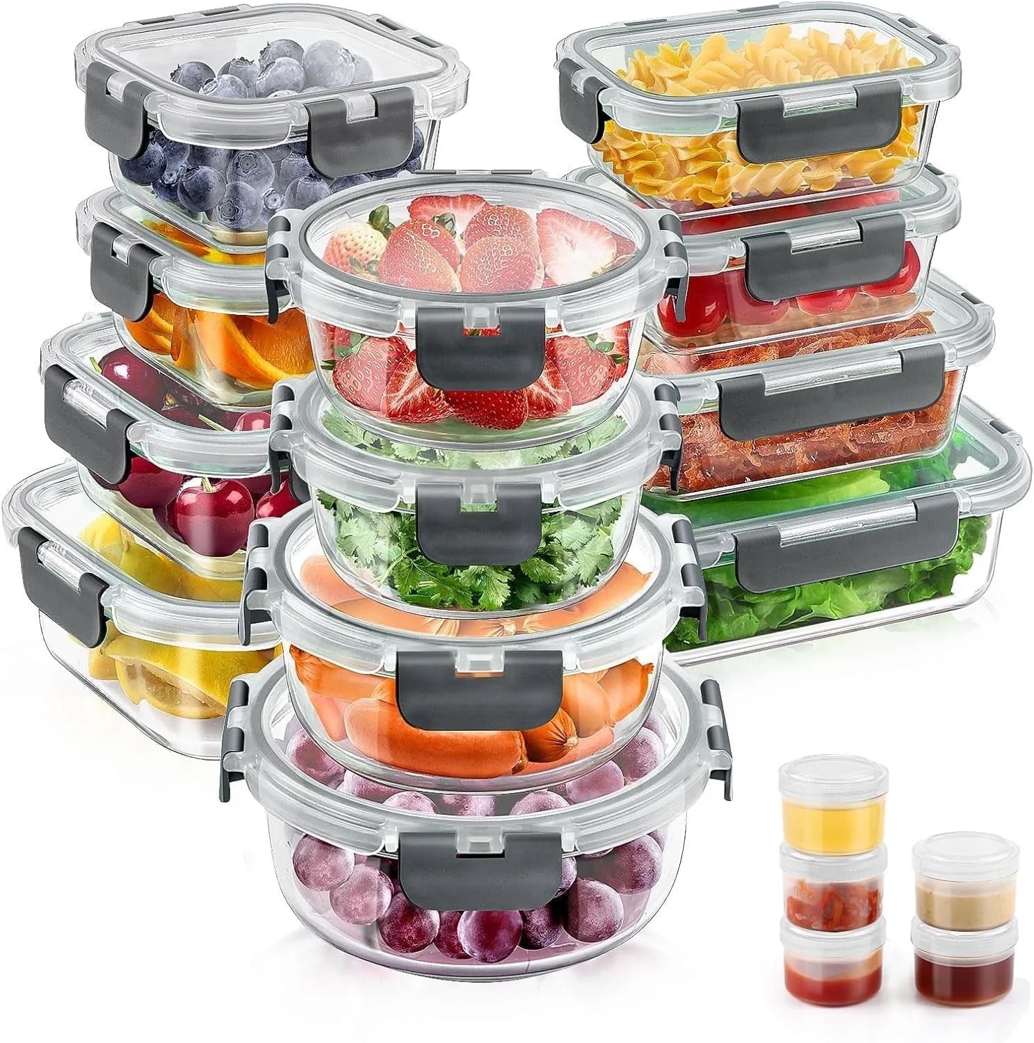 34Pcs Glass Food Storage Containers with Lids Set, Airtight Meal Prep Containers (17 Containers & 17 Lids), Grey